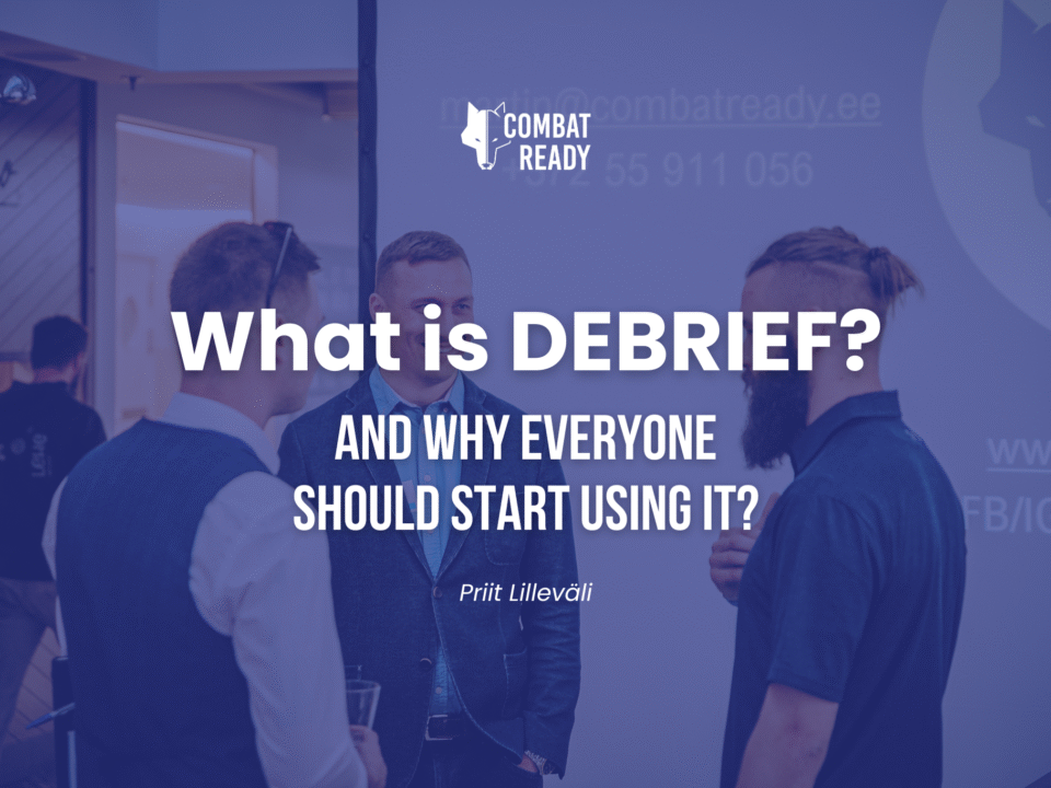 Combat Ready logo and title, author in front, three men in the background talking.